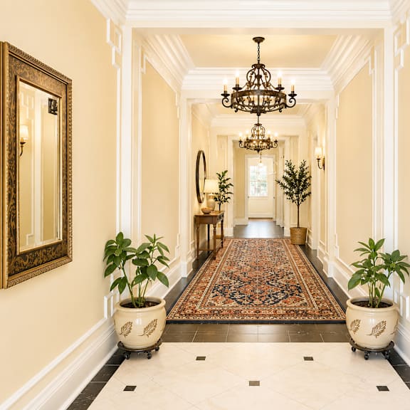 a long hallway with a rug and potted plants on either side.