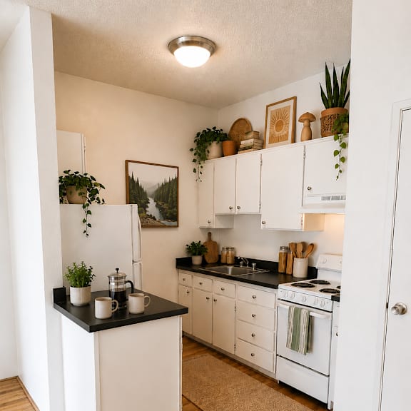 a kitchen with white cabinets and a black countertop.