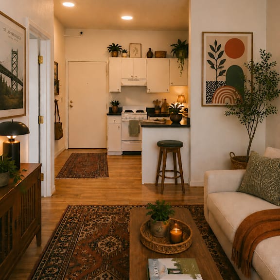 a living room with a couch, a coffee table, and a rug.