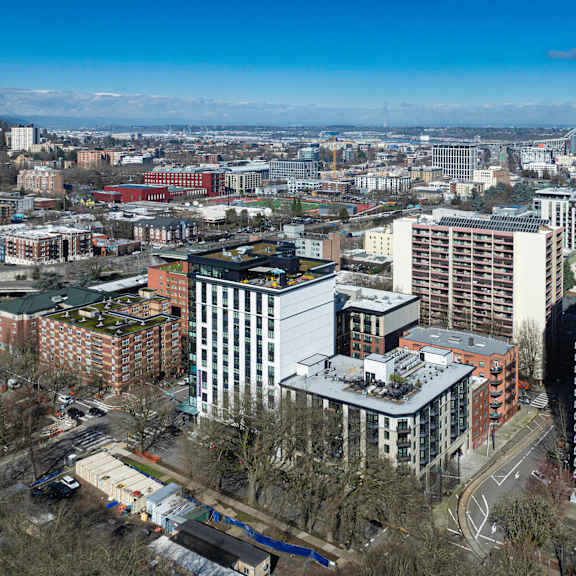 a view of the city from the roof of a building at clay & tiffany, portland, or
