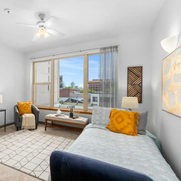 bedroom with work desk at fifth avenue place apartments, oregon