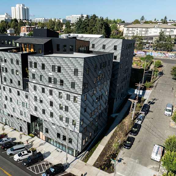 an aerial view of a large building in a city at moraine, tacoma, washington 98402