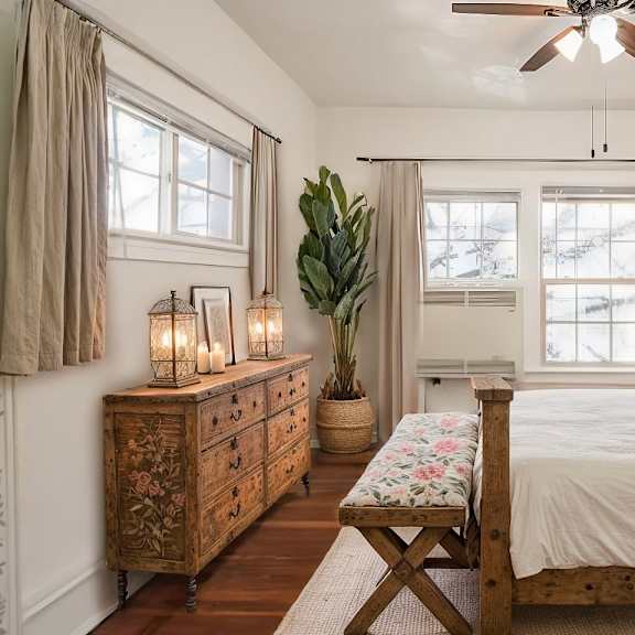a bedroom with a bed, dresser, and window.