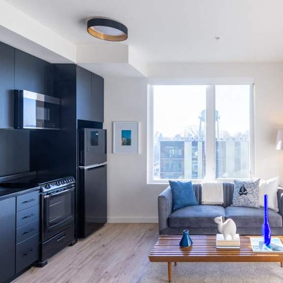 studio kitchen at nomad apartments, oregon, 97217