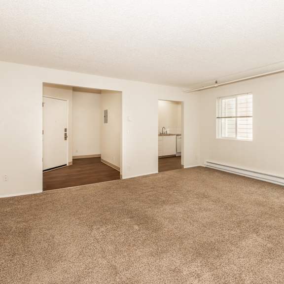 a large, empty room with carpeted flooring and white walls.