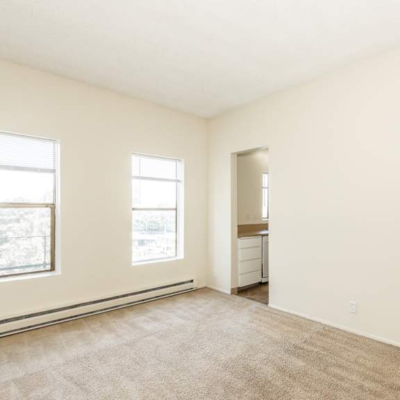 a room with a carpeted floor, a white door, and a window with a view of trees.
