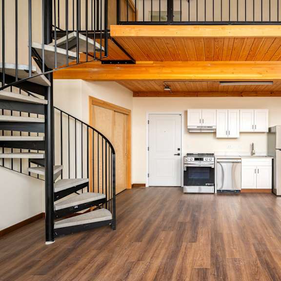 kitchen with a staircase view at atomic orchard experiment, oregon, 97232