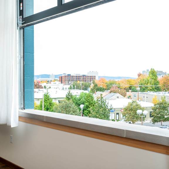 window with a view of a cityscape at atomic orchard experiment, portland, or