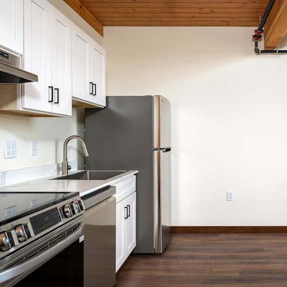kitchen with white cabinets at atomic orchard experiment, portland, or