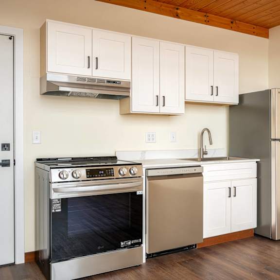 kitchen with stove at atomic orchard experiment, portland, or