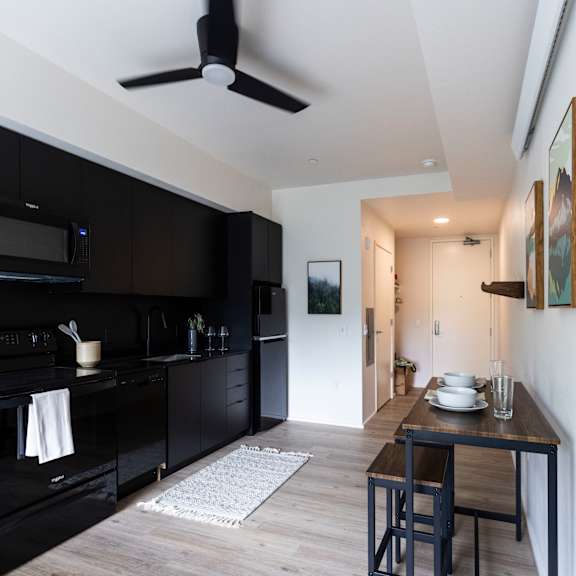 a kitchen and living room with black cabinets and a black stove and a counter top at shift, portland