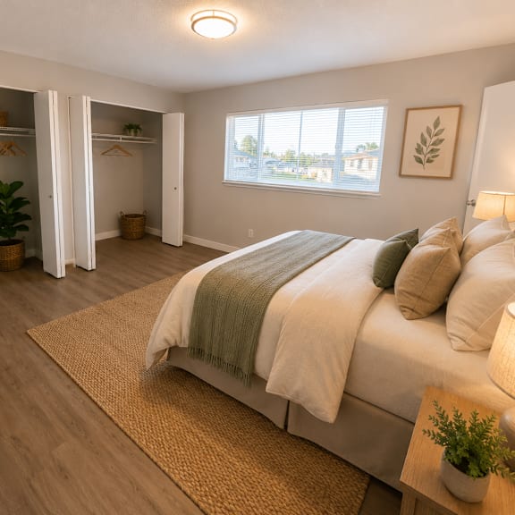a bedroom with a large bed and a window overlooking a cityscape.