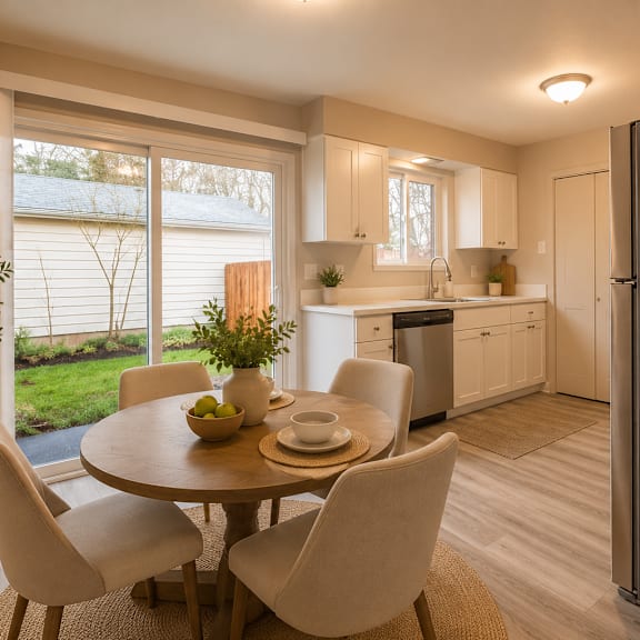 a kitchen with a table and chairs in front of a window.