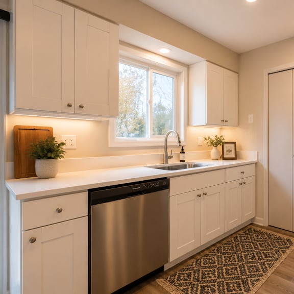 a kitchen with white cabinets and a stainless steel dishwasher.