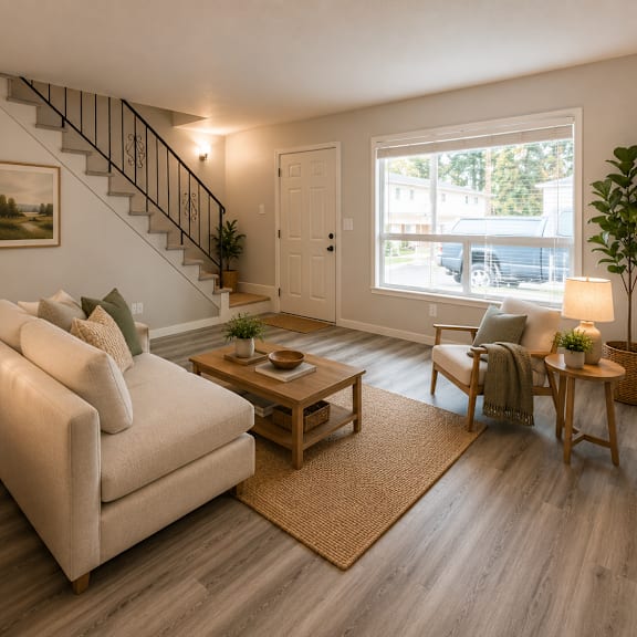 a living room with a white couch, a wooden coffee table, and a staircase.