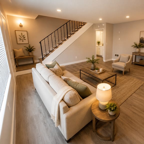 a well-lit living room with a white sofa and wooden floors.