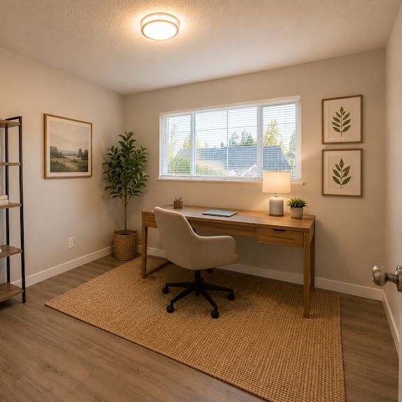 a room with a desk, chair, and shelves with plants and decorative items.