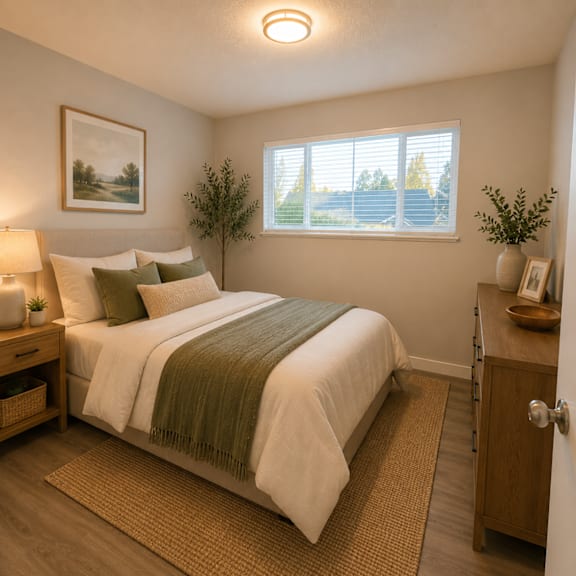 a bedroom with a large bed and a painting on the wall.