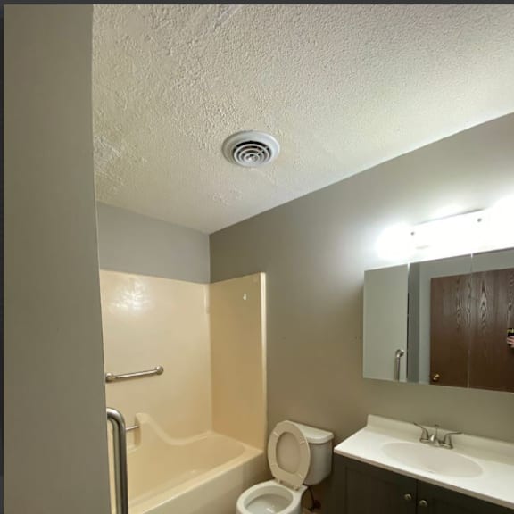 a white toilet is in a bathroom with a sink and mirror.