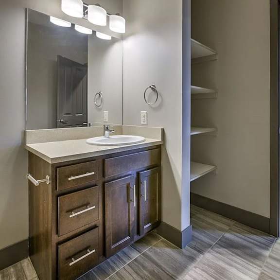 a bathroom with a sink, mirror, and wooden cabinets.