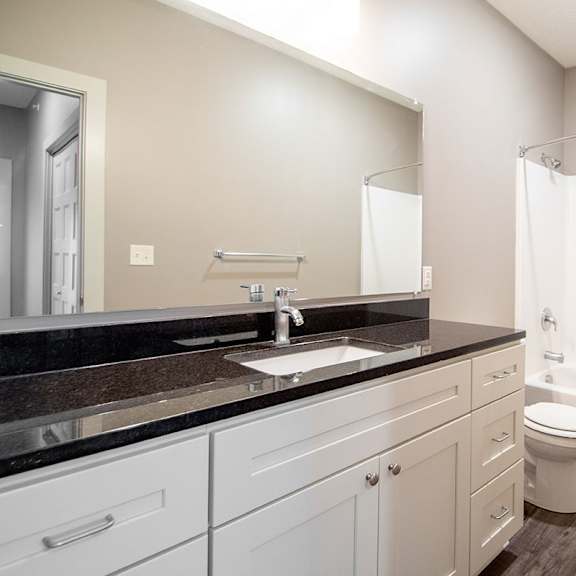 a bathroom with a sink, toilet, and bathtub.
