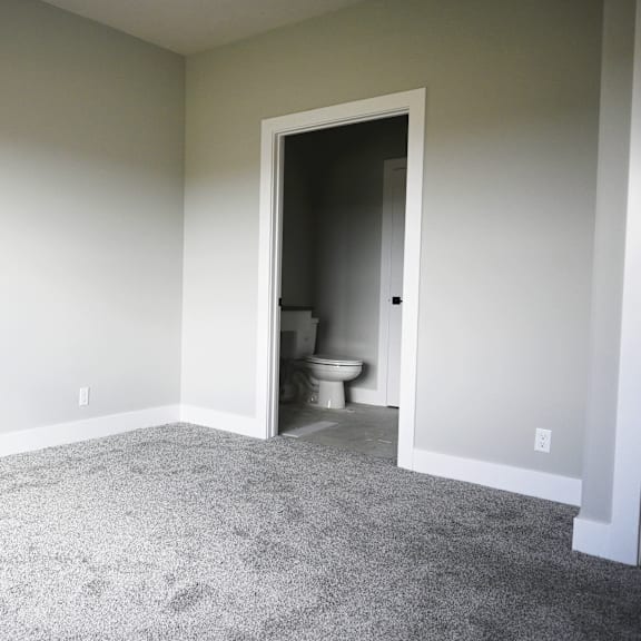 a room with a carpeted floor and a toilet in the doorway.