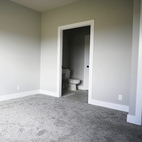 a room with a carpeted floor and a toilet in the doorway.