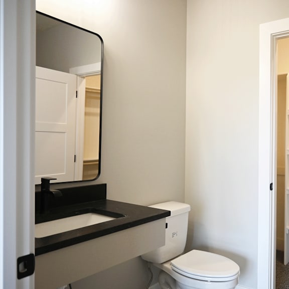 a bathroom with a toilet, sink, and shelves.