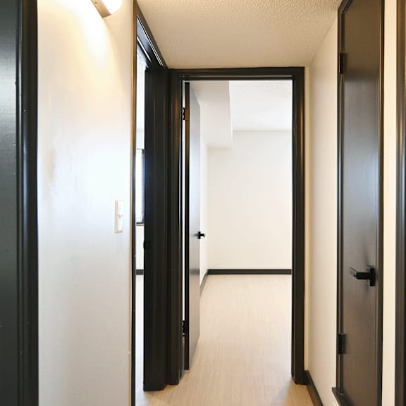 a hallway with black doors on both sides and a white door in the middle.