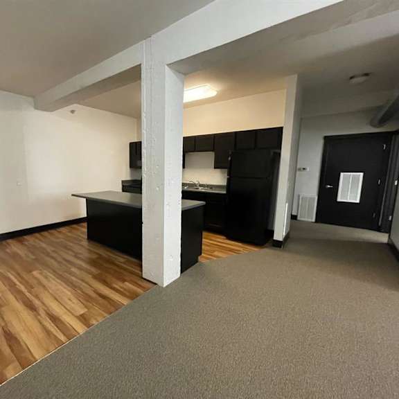 a room with a wooden floor and a grey carpet.