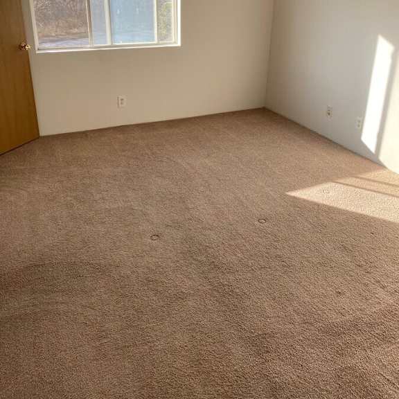 a room with a carpeted floor and a window.