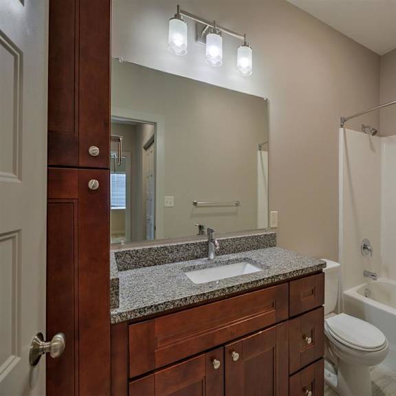 a bathroom with a sink, mirror, toilet, and bathtub.