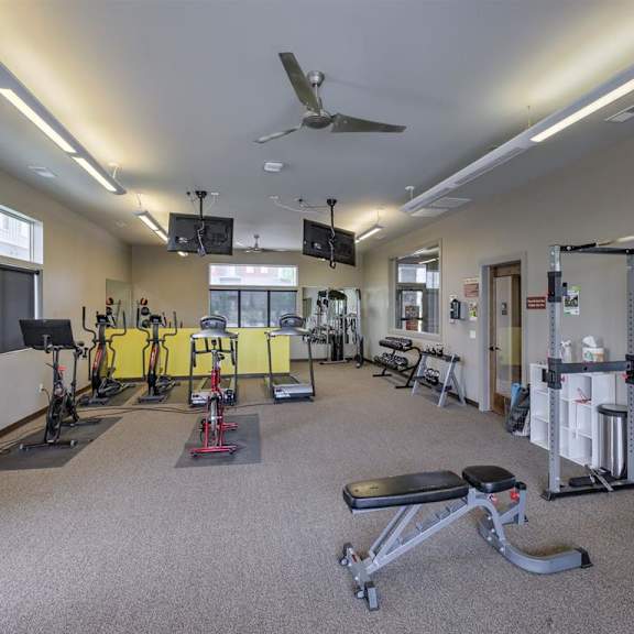 a spacious gym with a variety of equipment including treadmills, weights, and a bench press.
