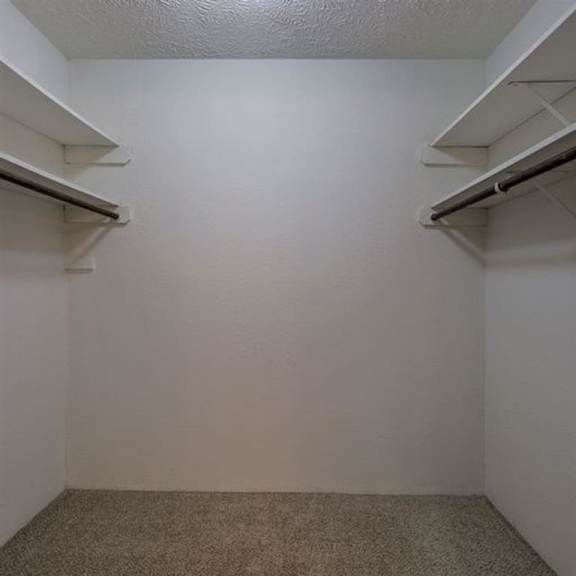 empty white closet with shelves and carpeted floor.