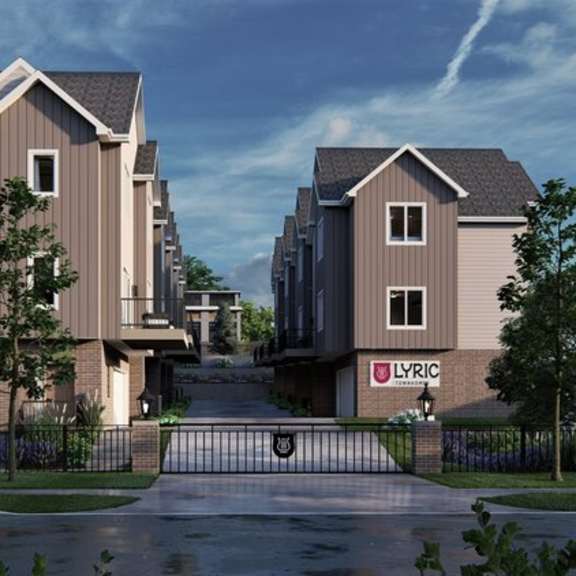 a row of houses with the word