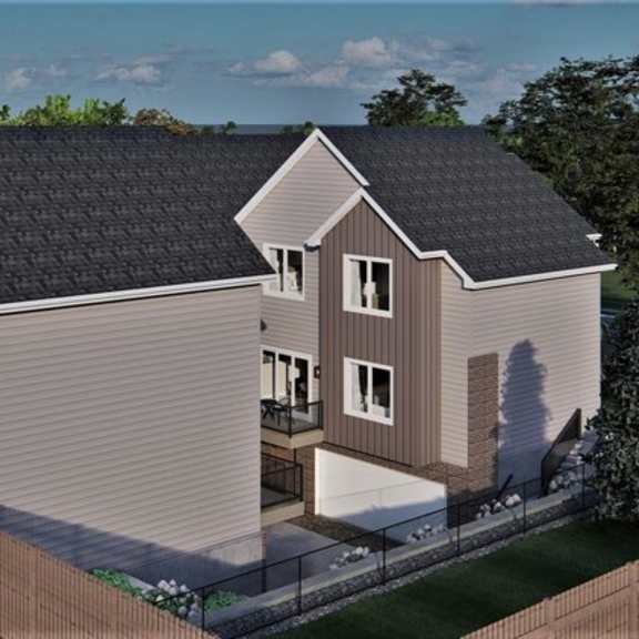 a modern house with a grey and brown exterior and a black roof.