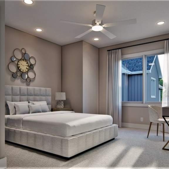 a bedroom with a large bed, a ceiling fan, and a window with curtains.