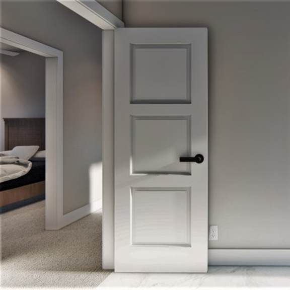 a white door is in a room with a bed and a window.