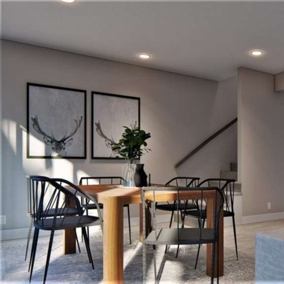 a living room with a couch, chairs, and a dining table.