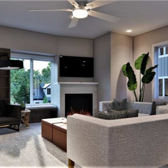 a modern living room with a fireplace and a grey sofa.