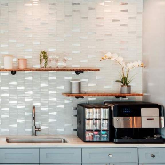 a kitchen with shelves on the wall at barrington 101, barrington, 60010
