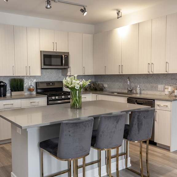 a kitchen with stainless steel appliances and white cabinets