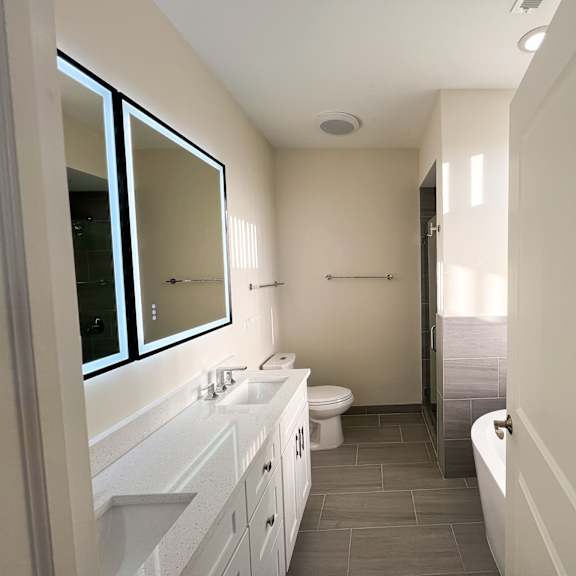 a bathroom with a white vanity and a walk-in shower.