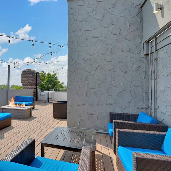 several sitting areas on the rooftop deck at 136 s. penn