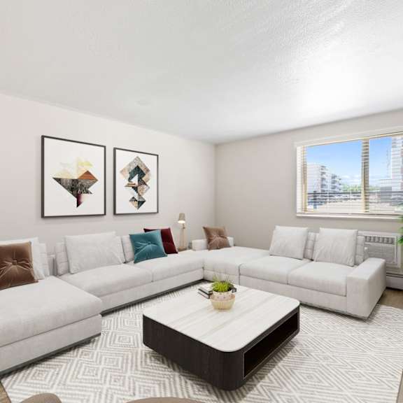 natural light floods this modern living space with elegant furnishings and city charm at 1190 s bellaire st in denver, co