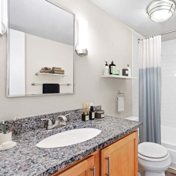 tart and end your day in style—this updated bathroom features granite counters, modern lighting, and a sleek tiled shower at 1190 s bellaire st in denver, co