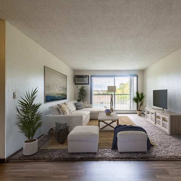 living room with balcony at pheasant park apartments, new hope, 55428-5401