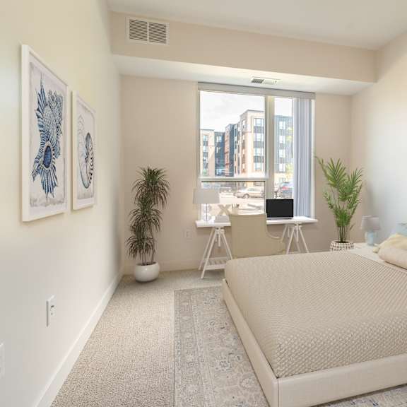 a bedroom with a bed and a window at sonder house, brooklyn center, minnesota