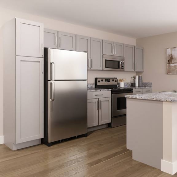 a kitchen with white appliances and cabinets.