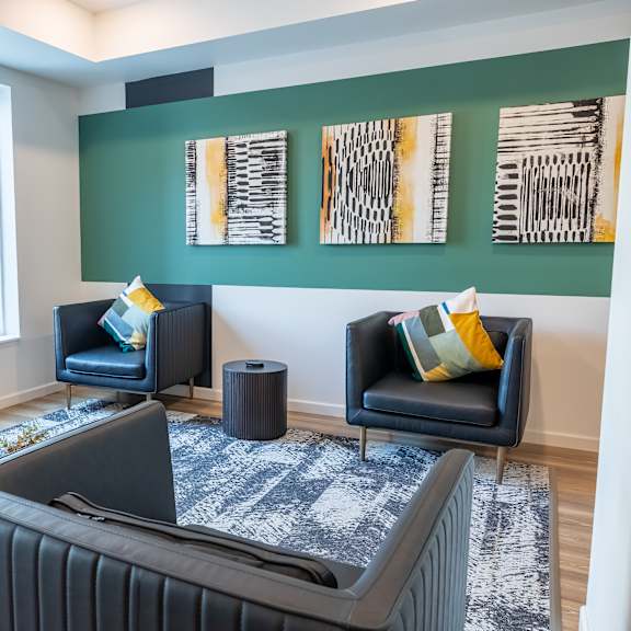 a living room with a black couch and a grey rug.